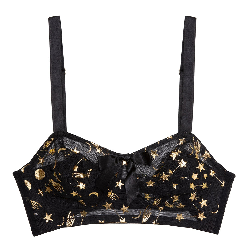 Bettie Page Solar Black and Gold Cosmic Print Bullet Bra