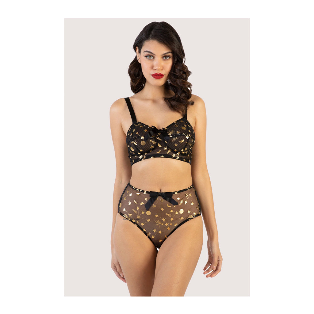 Bettie Page Solar Black and Gold Cosmic Print Bullet Bra