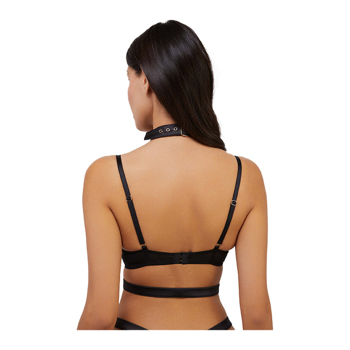 Alessia Black Satin & Illusion Mesh Plunge Buckled Bra