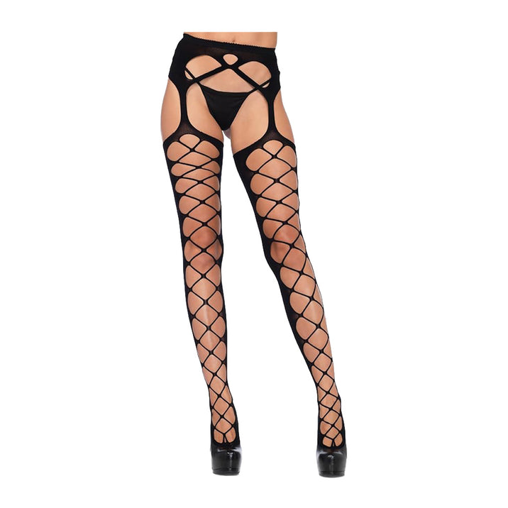 Leg Avenue June Diamond Net Stockings with Attached Garter Belt