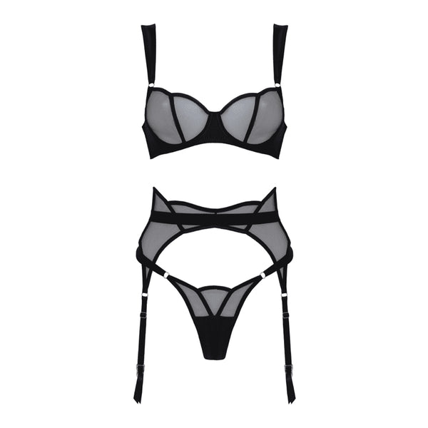 Muse Sheer Black Mesh & Satin 3 Piece Lingerie Set