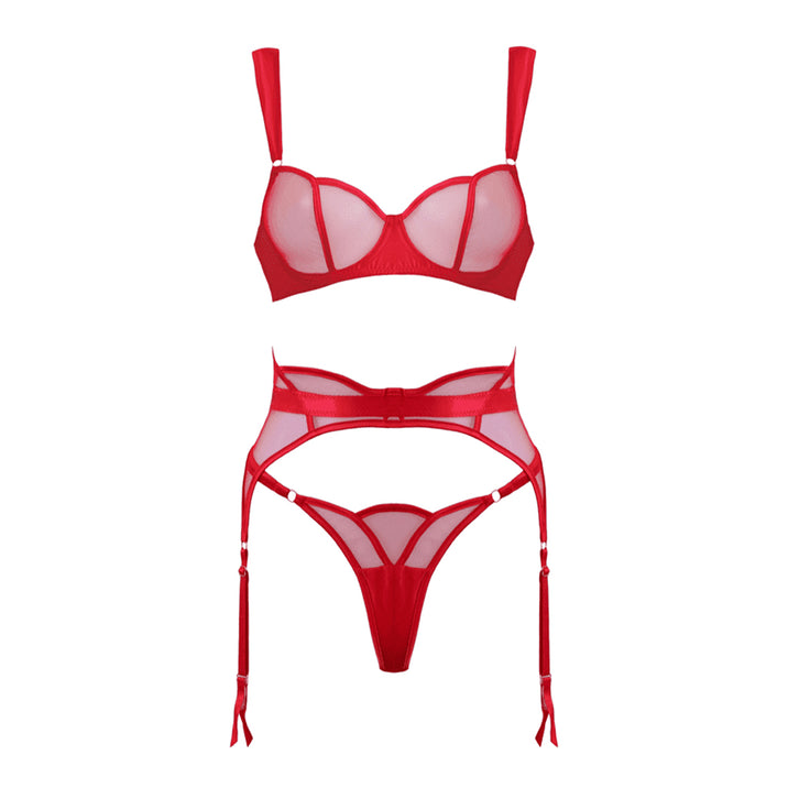 Muse Sheer Red Mesh & Satin 3 Piece Lingerie Set