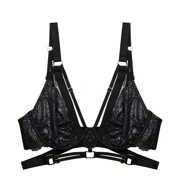Tabitha Black Wet-Look Lace Plunge Bra