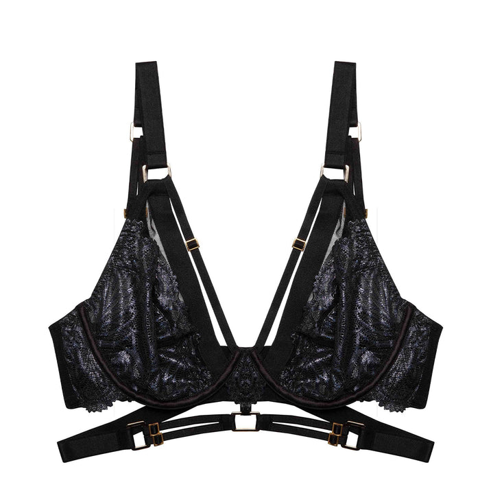 Tabitha Black Wet-Look Lace Plunge Bra