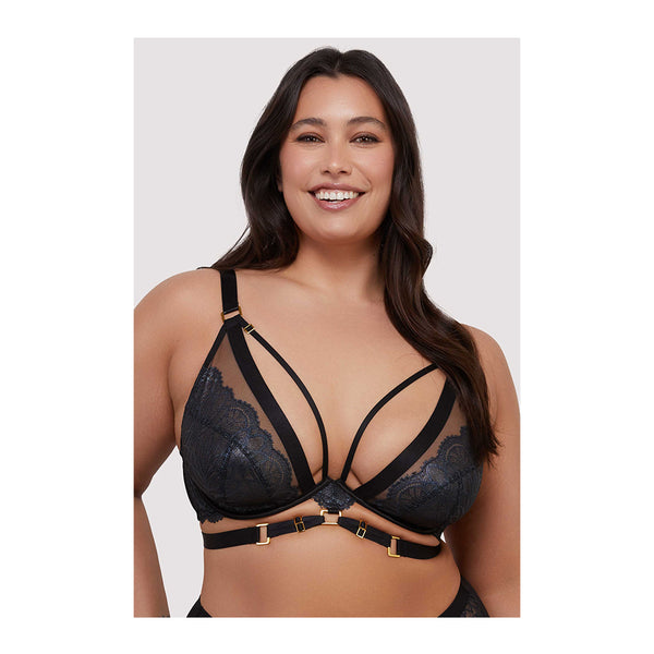Tabitha Black Wet-Look Lace Plunge Bra