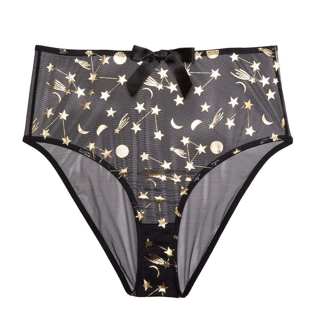 Bettie Page Solar Black and Gold Cosmic Print High Waist Brief