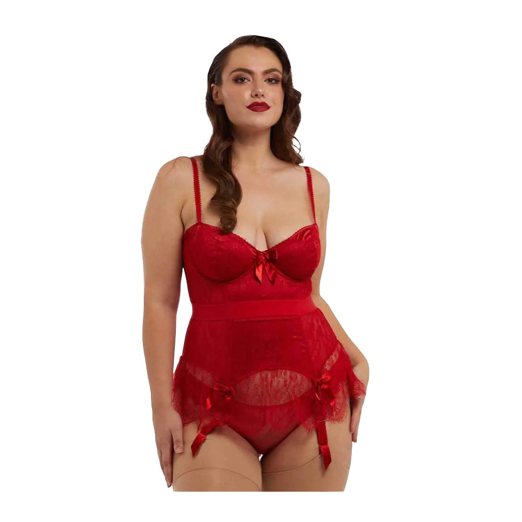 Bettie Page Tempest Red Lace Basque with Bow