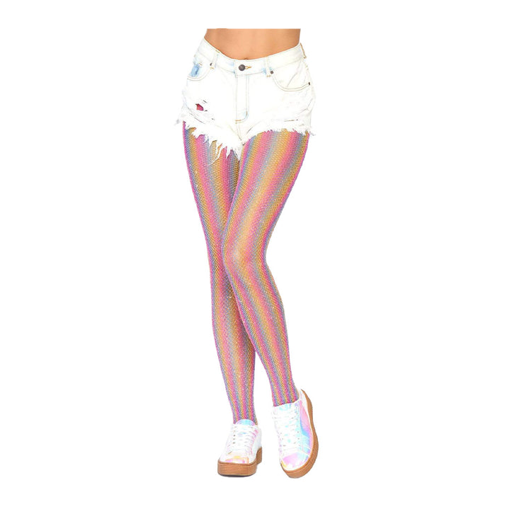 Leg Avenue Pink Lurex Shimmer Rainbow Fishnet Tights