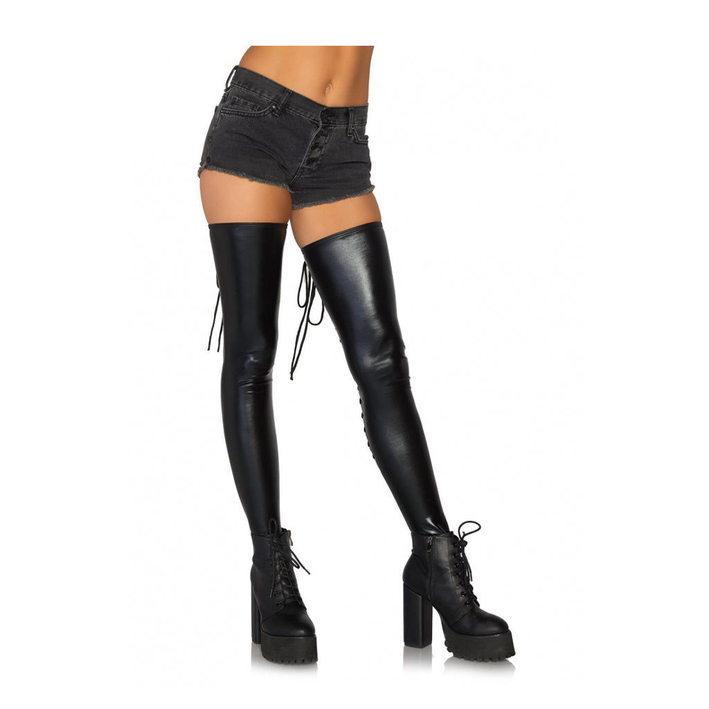 Leg Avenue Wet Look Lace Up Thigh Highs