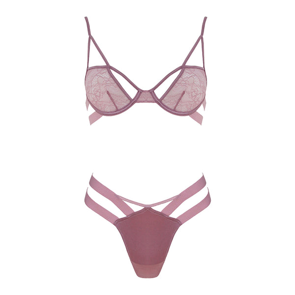 Muse Lace Bra and Satin G-string Set Blush