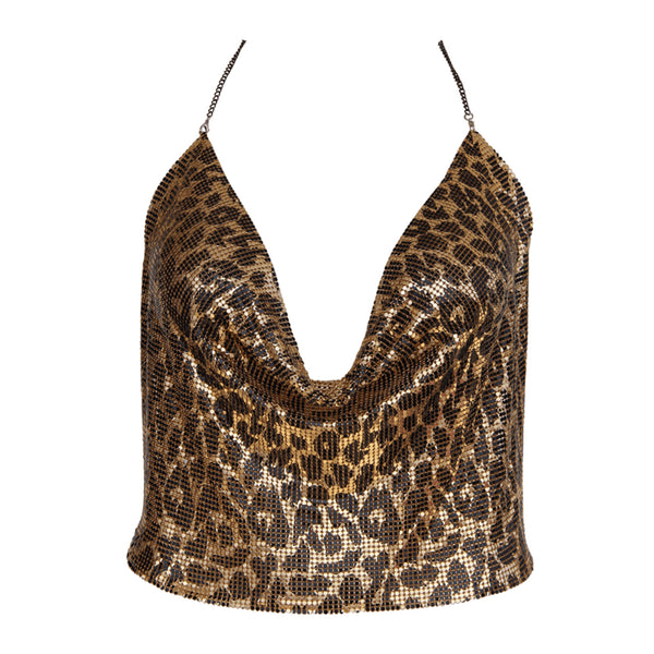 Muse Leopard Print Glomesh Halter Top