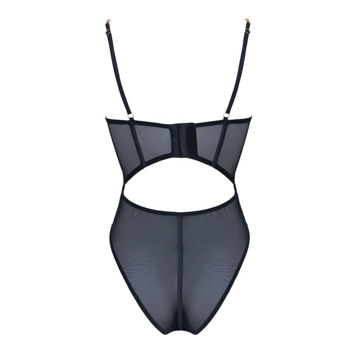 Muse Black Mesh Bodysuit with Gold Chain Straps