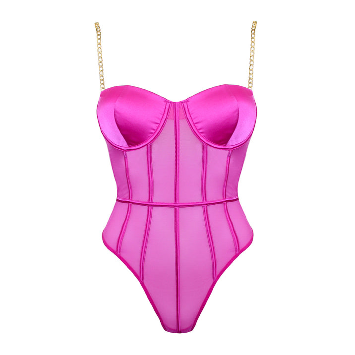 Muse Pink Mesh Bodysuit with Gold Chain Straps
