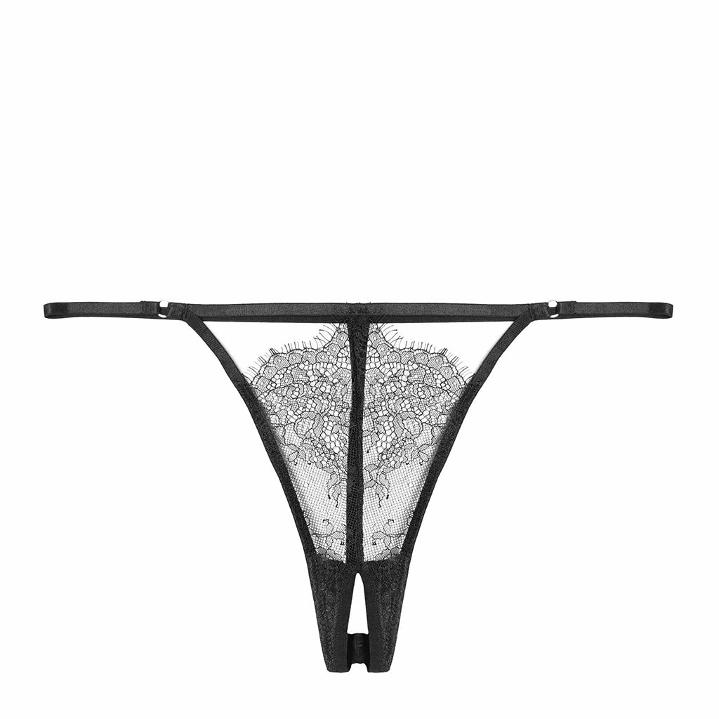 Playful Promises Black Lace Strappy Crotchless Thong