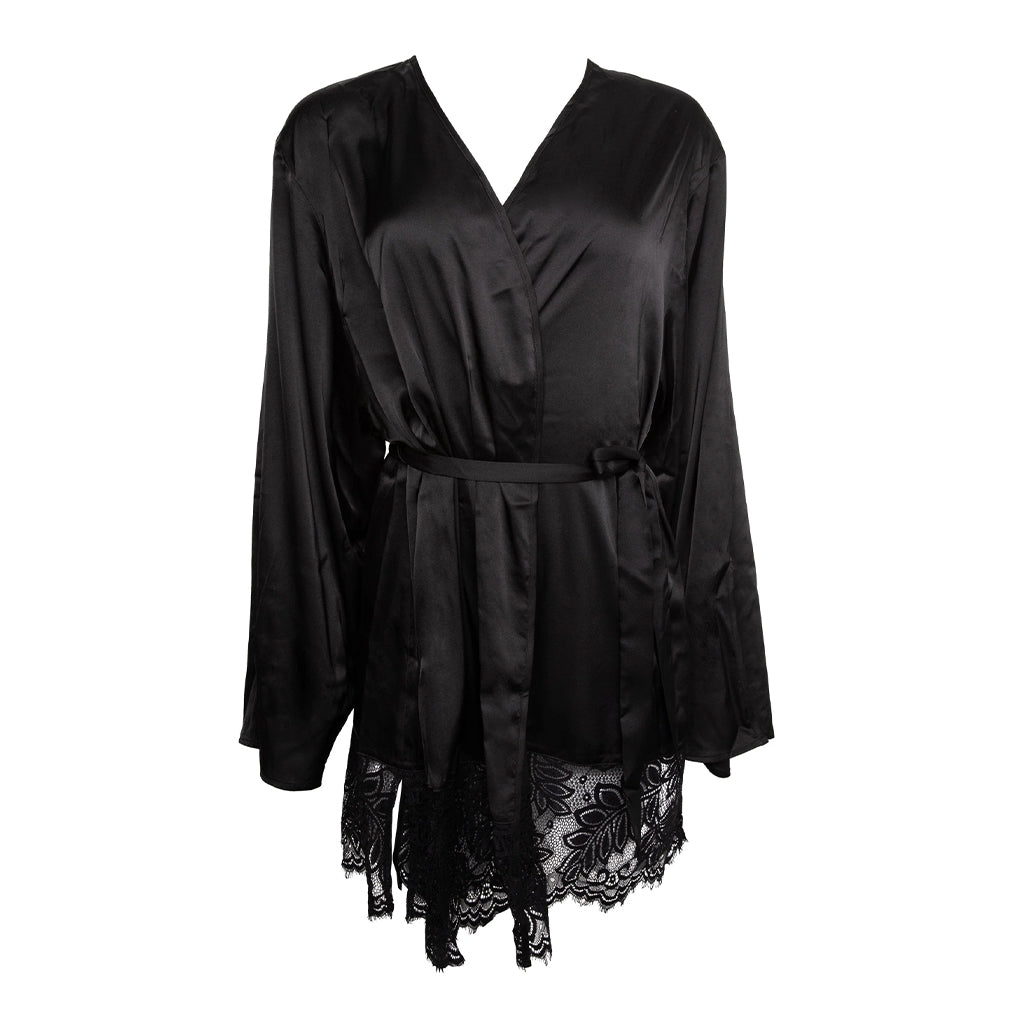 Wolf & Whistle Rosie Black Satin and Lace Robe